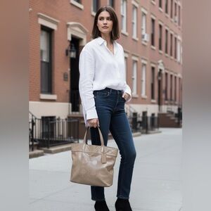 Coach Audrey Perforated Tan Patent Leather Tote Bag 17029.